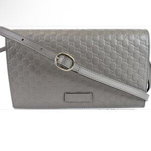 GUCCI Micro ssima Leather Crossbody Wallet Grey 466507